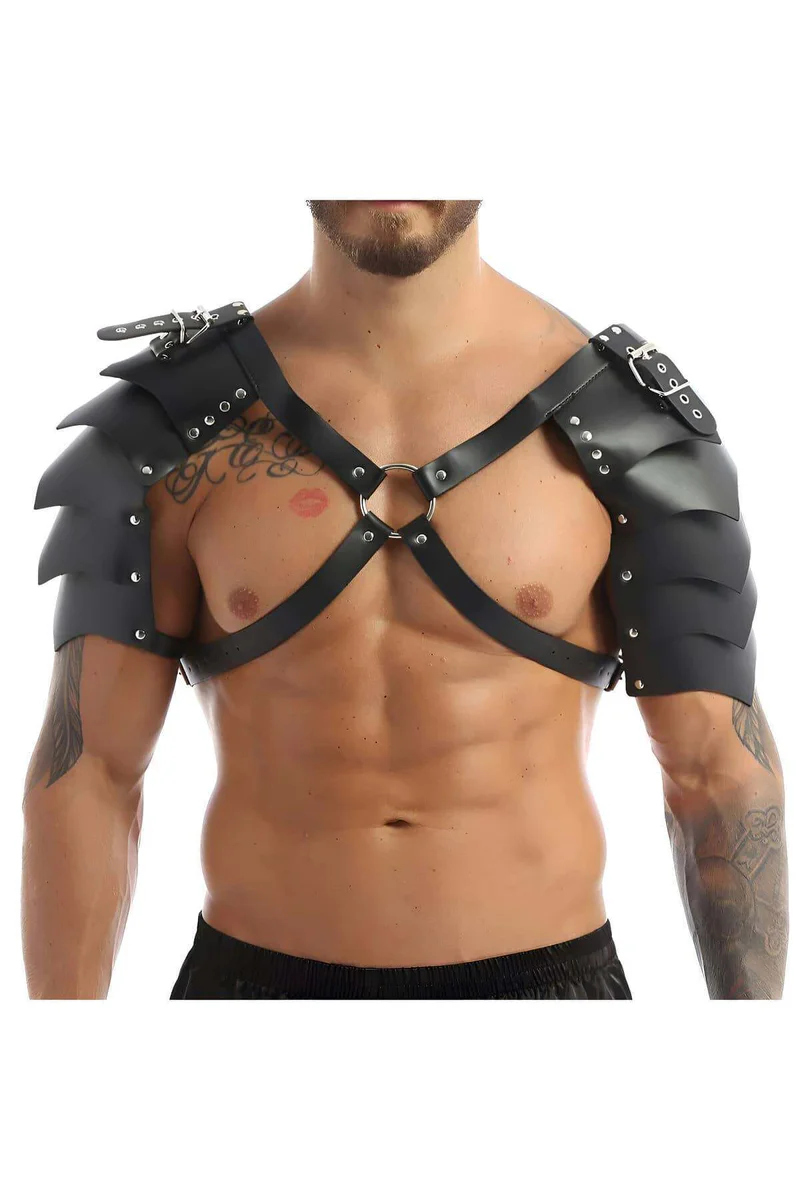 Black Faux Leather Gladiator Armor Harness Chest View O-Ring Detail