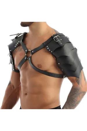 Black Faux Leather Shoulder Harness with O-Ring and Segmented Plates