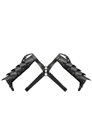 Black Faux Leather Shoulder Harness with O-Ring and Segmented Plates