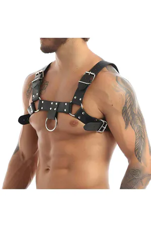 Black faux leather body harness with adjustable straps and O-ring worn by a male model