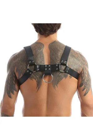 Black faux leather body harness with adjustable straps and O-ring worn by a male model