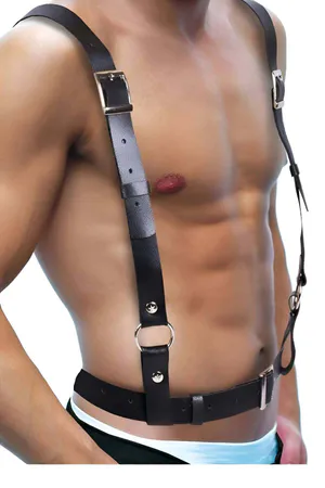 Black adjustable chest harness with O-ring detail and buckle closure