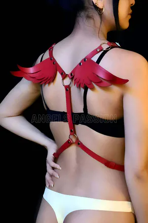 Red Faux Leather Angel Wing Body Harness with O-Ring Straps