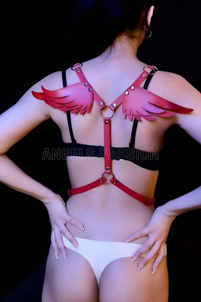 Red Angel Wing Harness Styled with Lingerie Front View