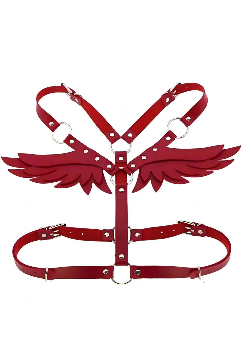 Festival fashion red faux leather body harness straps with O-ring accents
