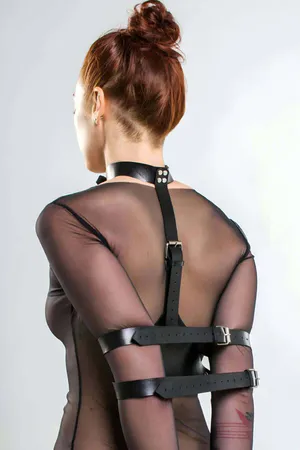 Black Faux Leather Halter Neck Harness Women Adjustable Arm Cuffs