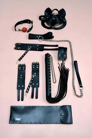Black Faux Leather Fantasy Accessories Set Cat Mask Restraints Flogger