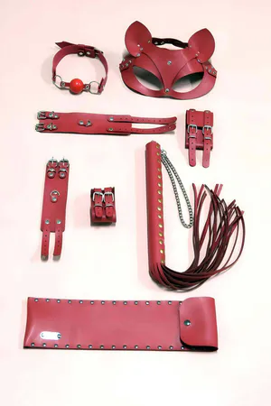 Red Vegan Leather Accessory Set with Cat Mask, Ball Gag, Cuffs and Flogger