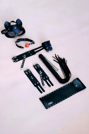 Black Faux Leather Accessory Set with Cat Mask Gag Cuffs Flogger