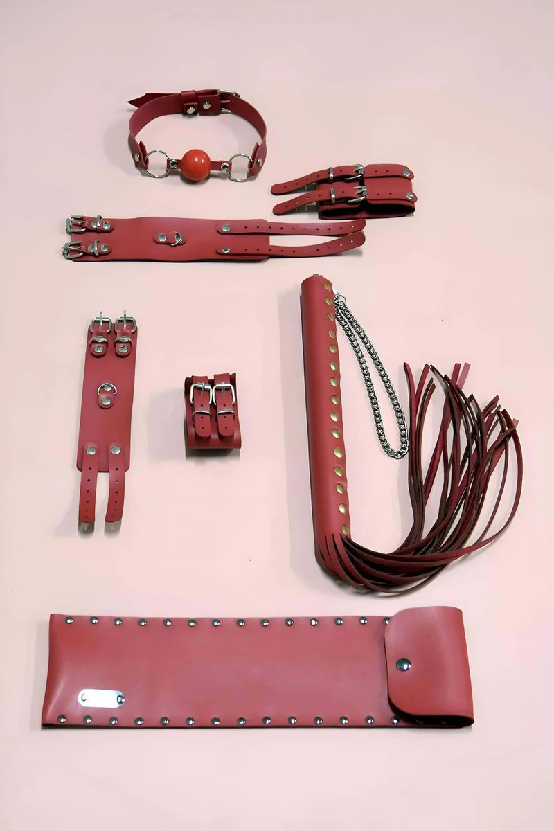 Red Faux Leather Restraint Set with Ball Gag and Riding Crop