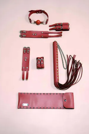 Red Faux Leather Restraint Set with Ball Gag and Riding Crop