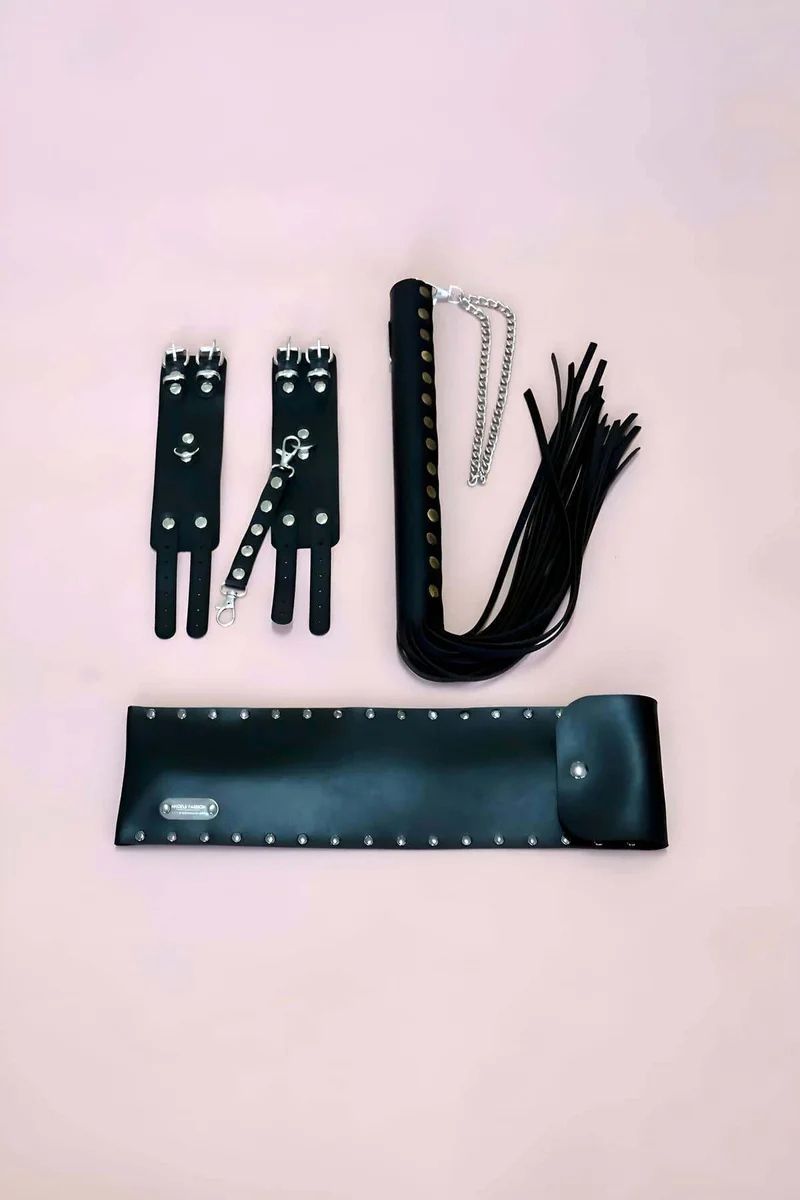 Black Faux Leather Handcuffs Whip Set with Studded Case