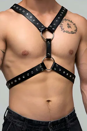 Black Faux Leather Chest Harness with O-Rings and Studs