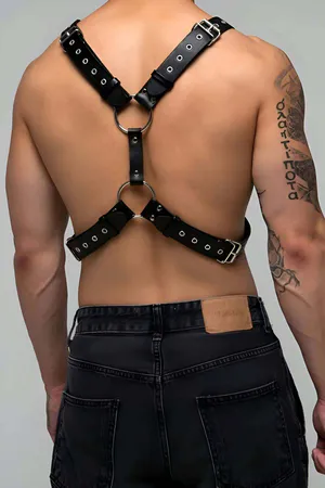 Black Faux Leather Chest Harness with O-Rings and Studs