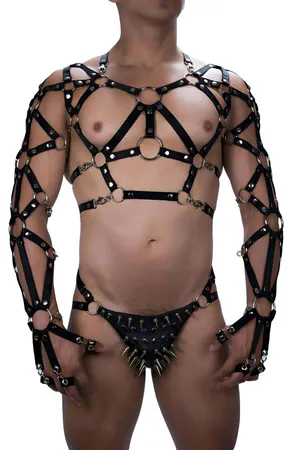 Black Faux Leather Full Body Harness with Spiked Thong Set
