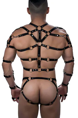 Black Faux Leather Full Body Harness with Spiked Thong Set