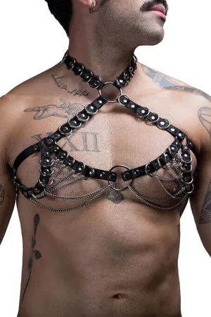 Black faux leather body harness with O-rings and silver chains