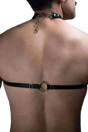 Black faux leather body harness with O-rings and silver chains