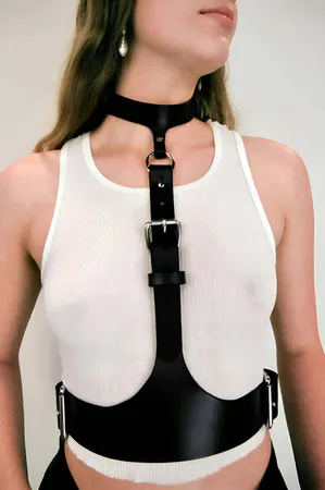 Black faux leather body harness with adjustable buckle and choker