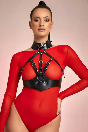 Black Faux Leather Halter Neck Body Harness with O-Ring