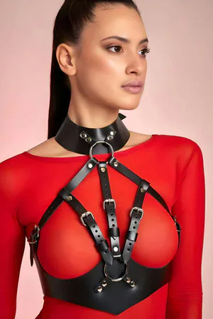 Black Faux Leather Halter Neck Body Harness with O-Ring