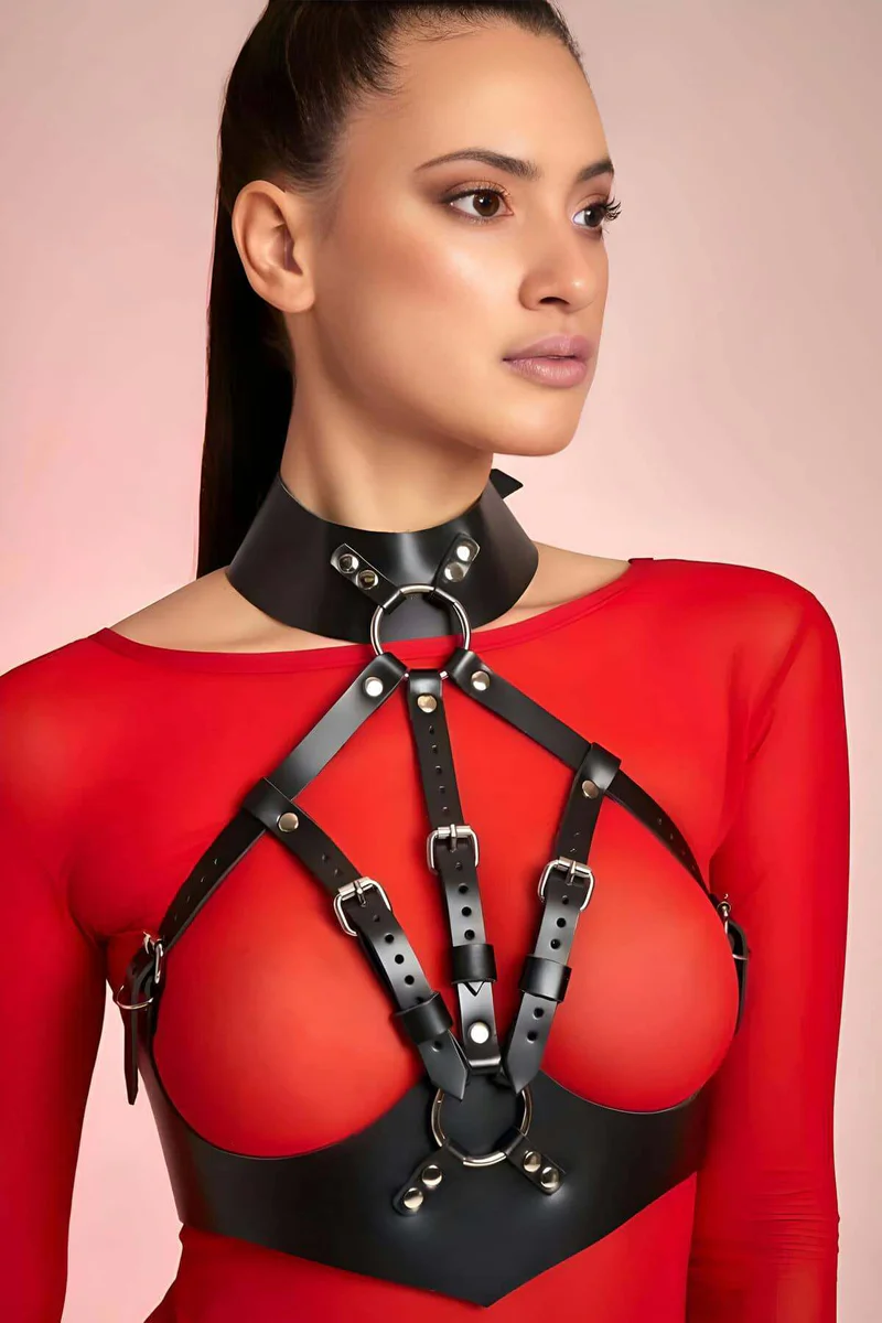 Halter Neck Body Harness Straps Close-up Silver Buckles Black Leather