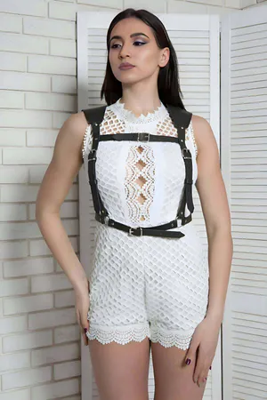 Black Faux Leather Adjustable Body Harness with Silver Buckles