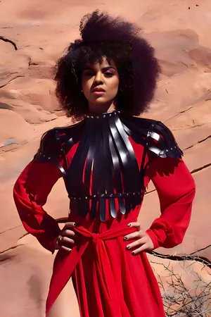 Black faux leather statement shoulder harness with cascading fringe detail and studded shoulder caps.