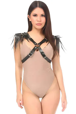 Black faux leather shoulder harness with cascading tassels, adjustable chest straps and silver buckles.