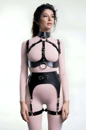 Black Faux Leather Body Harness Set Women Open Cup Chest & Garter Straps