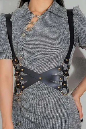 Black Faux Leather X-Straps Body Harness with Gold O-Rings