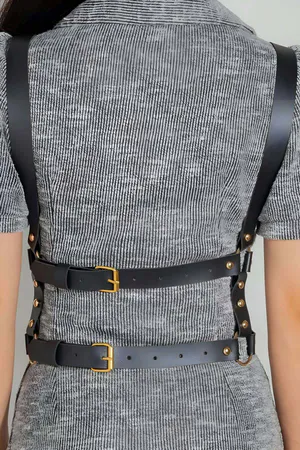 Black Faux Leather X-Straps Body Harness with Gold O-Rings