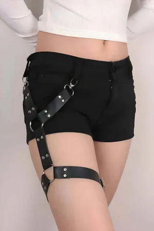 Black Vegan Leather Single Leg Garter Harness Adjustable Silver Hardware
