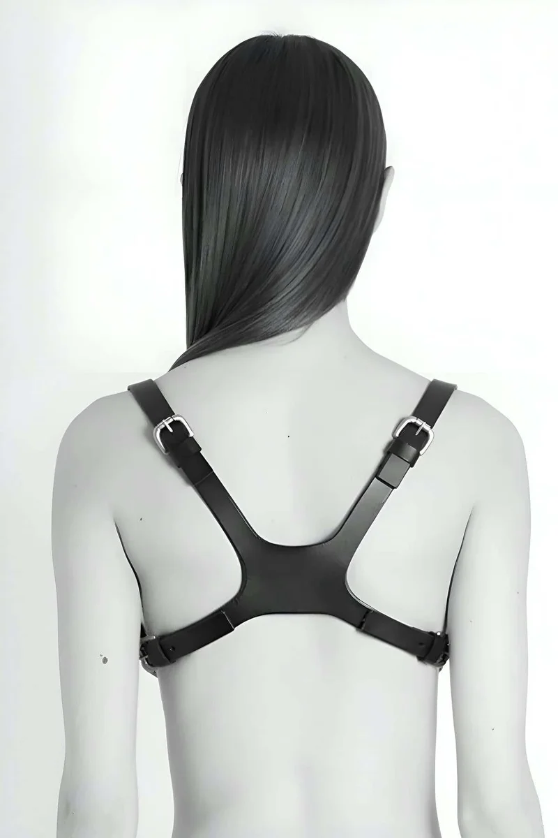 Skull Faux Leather Body Harness Back View Adjustable Straps and Buckles