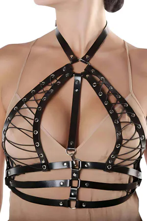 Black Faux Leather Lace-Up Chest Harness Bra with Adjustable Straps