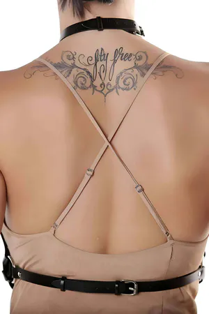 Black Faux Leather Lace-Up Chest Harness Bra with Adjustable Straps