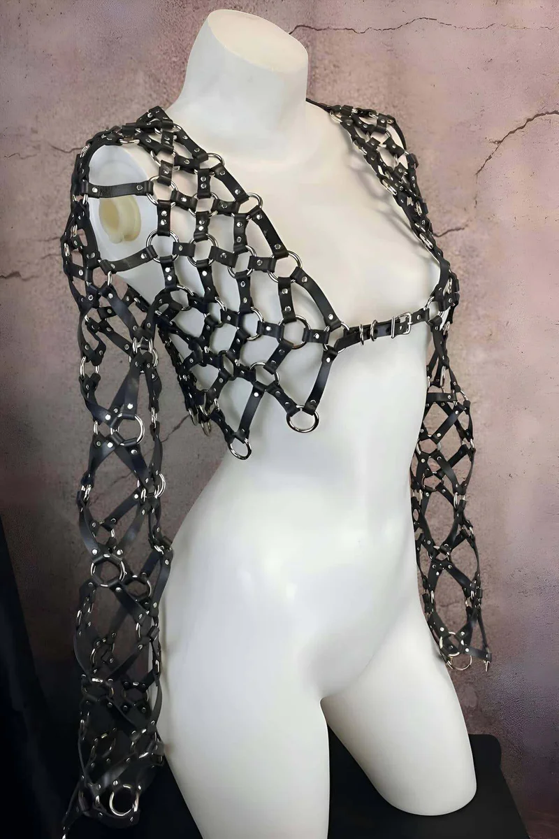 Festival harness outfit black mesh and faux leather straps with silver rings