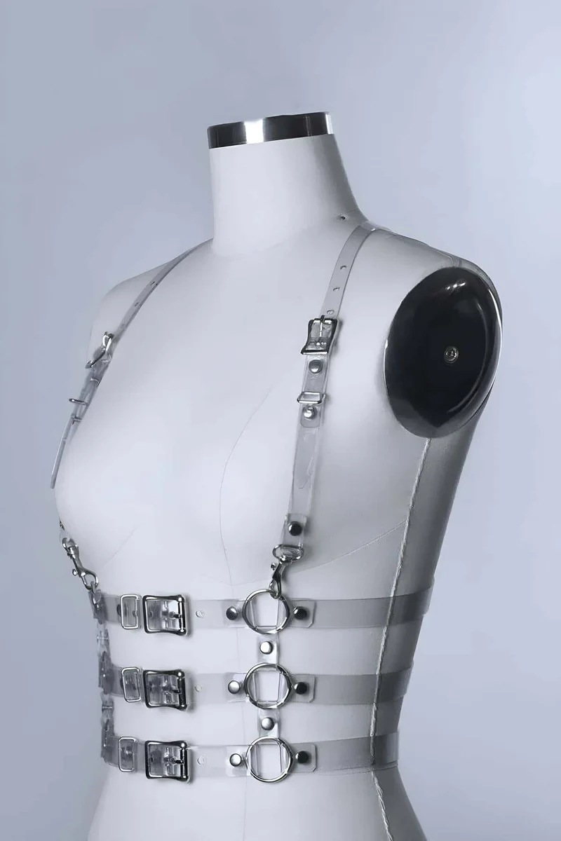 Transparent body harness with O-ring details and buckles