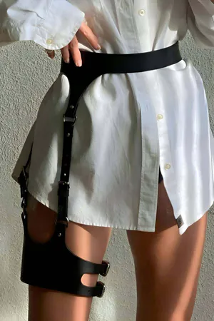 Black Faux Leather Waist Harness Belt with Adjustable Thigh Strap