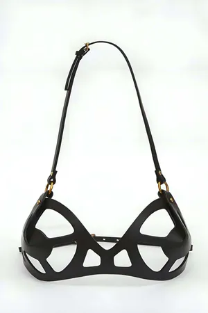 Black faux leather cut-out harness bra with adjustable shoulder straps
