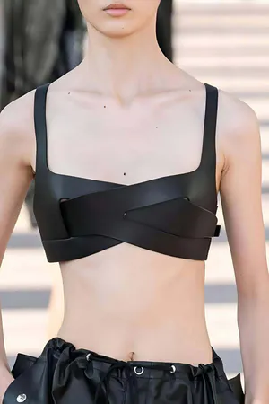 Black faux leather criss-cross chest harness top with adjustable straps