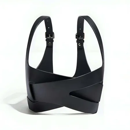 Black faux leather criss-cross chest harness top with adjustable straps