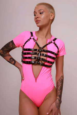 Black faux leather strappy chest harness with silver buckles and O-ring