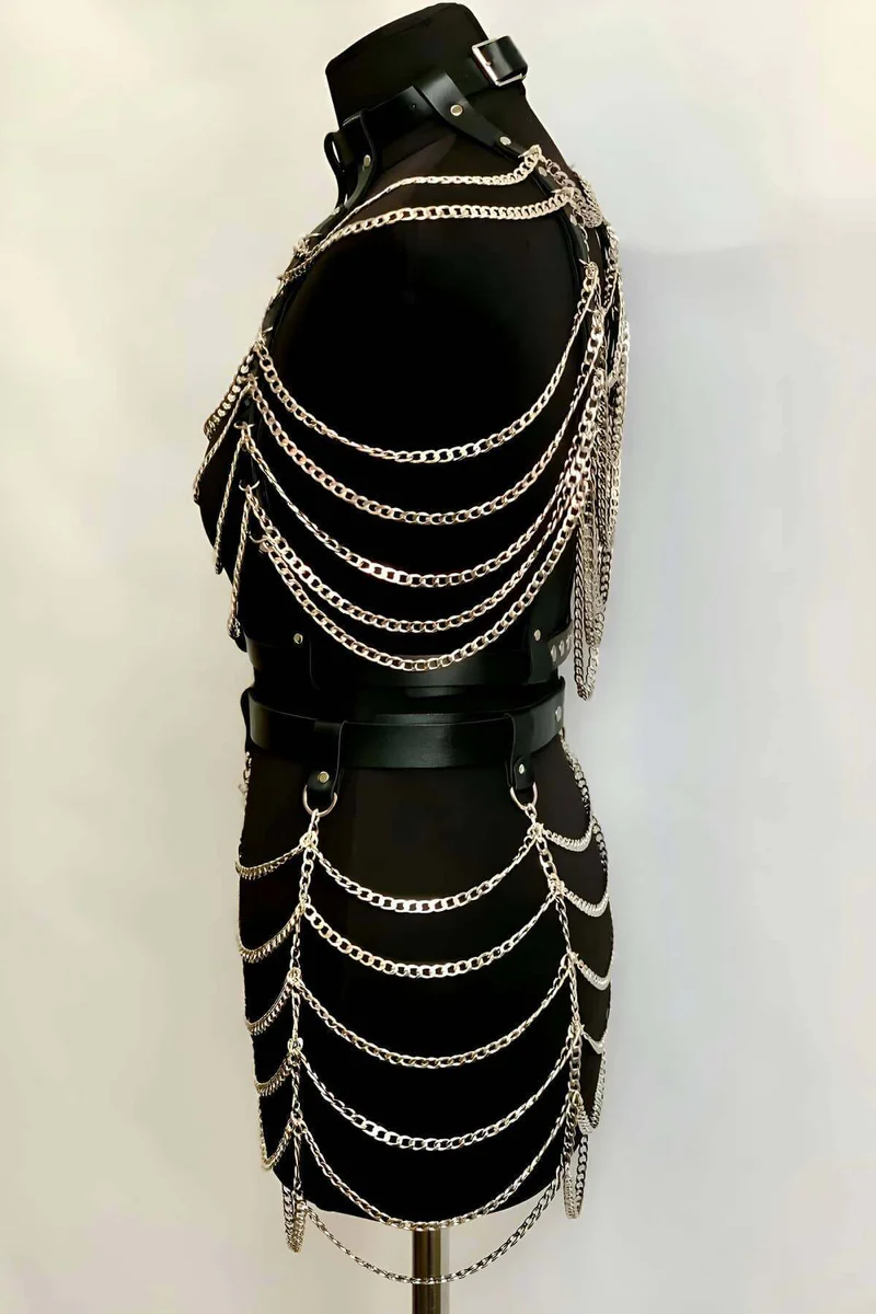 Black Faux Leather Body Harness Set Side