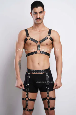 Black Vegan Leather Full Body Harness Set Women Studded Straps