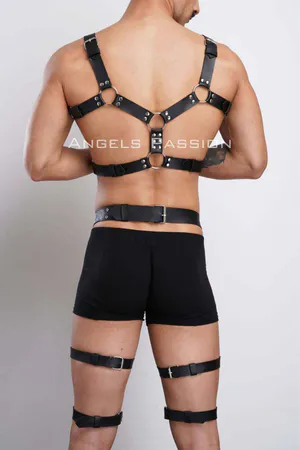 Black Vegan Leather Full Body Harness Set Women Studded Straps