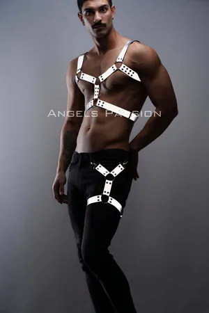 Silver reflective chest and leg harness set on male model