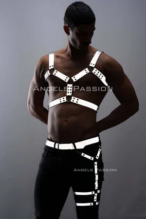 Silver reflective chest and leg harness set on male model