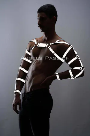 Reflective Arm and Chest Harness Set worn by a model, high visibility straps