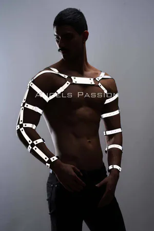 Reflective Arm and Chest Harness Set worn by a model, high visibility straps